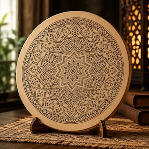 Puede incluir: Una placa circular de madera clara con un patrón de mandala grabado con láser en color marrón oscuro. El diseño consiste en una forma de estrella central rodeada de intrincados motivos florales y geométricos simétricos, sobre dos pequeños soportes.
