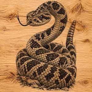 May include: A detailed wood-burned artwork featuring a coiled rattlesnake with a prominent rattle and a forked tongue extended. The snake displays intricate scale patterns in shades of brown and black, set against a natural wood grain background.