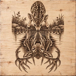 May include: A square wooden panel featuring a detailed dark brown wood-burned illustration of a spotted fawn standing at the edge of a body of water, with its reflection in the water appearing as a large, mature stag with prominent antlers.