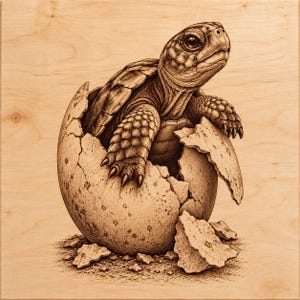 Könnte beinhalten: Eine Brandmalerei auf einer hellen, quadratischen Holzplatte, die eine detaillierte Babyschildkröte zeigt, die aus einer rissigen, strukturierten Eierschale schlüpft. Das Kunstwerk besticht durch feine Linien und Schattierungen der Schuppen.