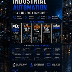 May include: A dark blue graphic promoting "Industrial Automation" for engineers. It features the text "A Guide for Engineers" and lists 5 in-depth ebooks and 15 interactive HTML utility tools. The image also includes icons and text related to engineering and industrial processes.