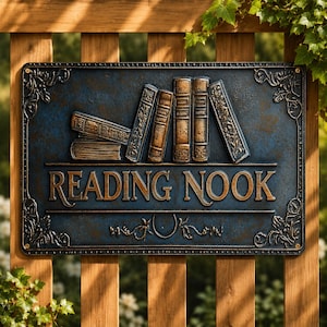 May include: A rectangular dark blue plaque with a bronze-colored finish featuring a relief of several books stacked and standing upright. The text READING NOOK is embossed in large bronze letters across the center with decorative corner accents.