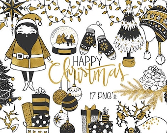 Christmas Gold and Black Clipart, Christmas Clipart, PNG Christmas Clip Art, Gold Foil Christmas Clipart -   Instant Download