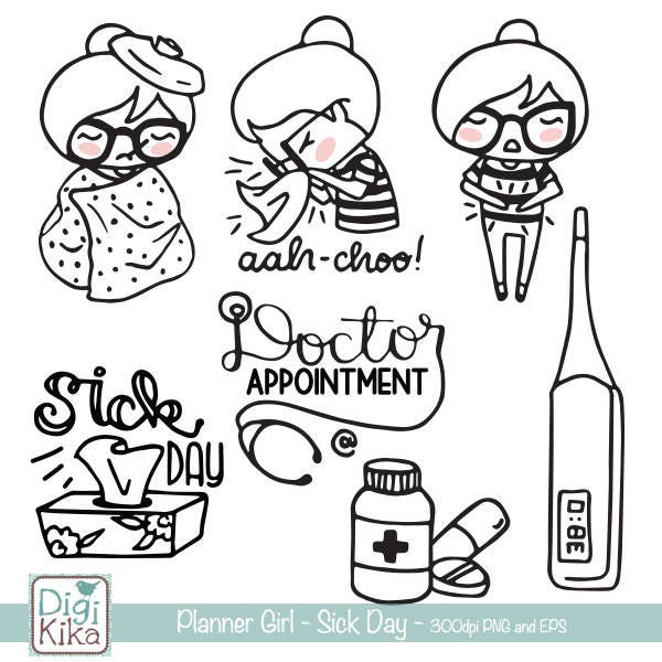 Planner Girl - Sick Day Stamp Clipart - Planner Stickers, scrapbook, diseño de tarjetas, invitaciones, artesanías de papel, diseño web, DESCARGA INSTANTE