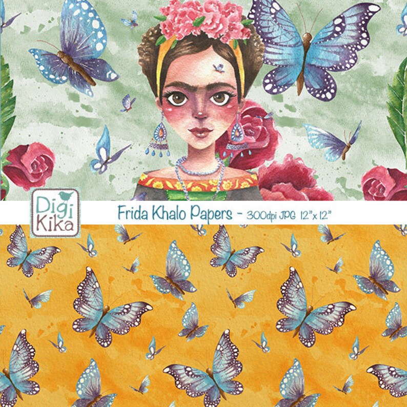 Fridas Watercolor Digital Papers, Fridas Watercolor Scrapbook Paper, Painter Papers, Butterfly, Roses, Wreath, Planner Supplies image 2