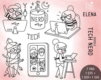 Planner Girl Elena Tech Nerd DOODLE Clipart - Technology Digital Stamp - Planner Stickers, scrapbook , journal, invitation, paper crafts