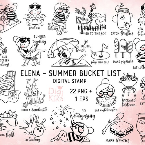 Elena Planner Girl - SUMMER Bucket List Clipart - Digital Stamp - Planner Stickers, scrapbook, invitation, crafts, planner clipart