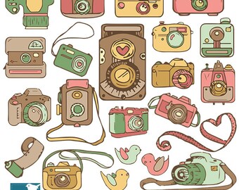 Cameras and Birds Clip Art, Hand Drawn Cameras Clipart, Vintage Colors, Photographer Logo, Vector EPS - INSTANT DOWNLOAD