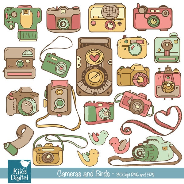 Cameras and Birds Clip Art, Hand Drawn Cameras Clipart, Vintage Colors, Photographer Logo, Vector EPS - INSTANT DOWNLOAD