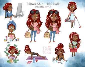 Cute Planner Girl Clipart - Brown Skin Red Hair - set1  Graphics - Planner Stickers, scrapbook, card design, invitations, paper craft