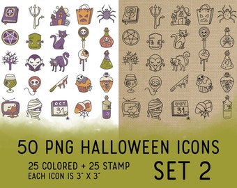 50 Halloween Icons Set 2 - Icons Clipart -  Spooky Icons Digital Stamp - Icons for  Planner Sticker, scrapbook, craft, planner clipart