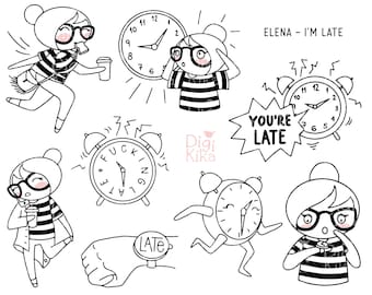 Elena Planner Girl - I am Late Clipart - Rush Digital Stamp - Character Planner Stickers, scrapbook, invitation, crafts, planner clipart