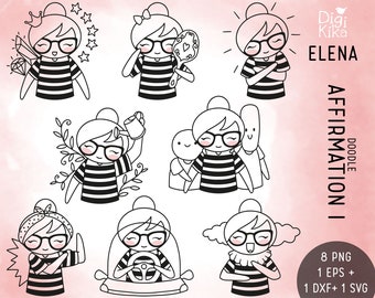 Elena Planner Girl - Daily Affirmations SET 1 Stamp Clipart, planner stickers, scrapbook, card design, invitation, crafts, cute character