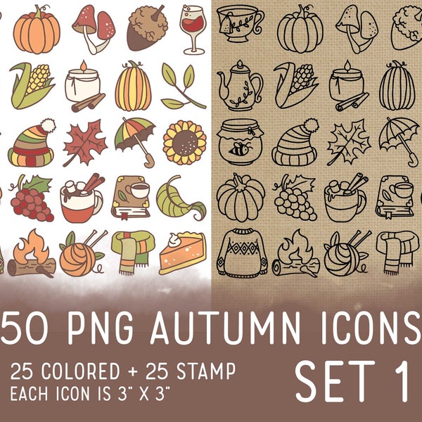 50 Autumn Icons Set 1 - Icons Clipart -  Fall Digital Stamp - Icons for Planner Sticker, IG Highlight, scrapbook, craft, planner clipart
