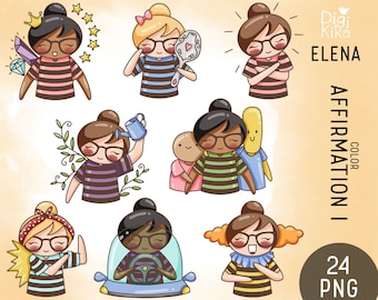 Elena Planner Girl - Daily Affirmations SET 1 Color Clipart, planner stickers, scrapbook, card design, invitation, crafts, cute character