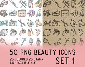 50 Beauty Icons Set 1 - Self Care Icons Clipart - Digital Icons for Planner Sticker, IG Highlight, scrapbook, craft, planner clipart