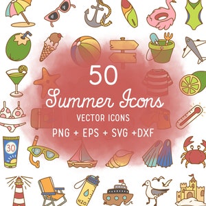 50 Summer Color Icons Vector - Summer Time Icons Clipart - digital sticker, Chores Icons, planner, scrapbook, craft, planner clipart