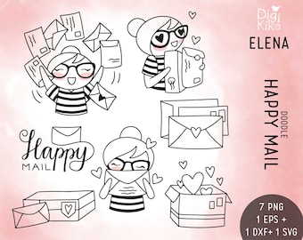 Planner Girl Elena Happy Mail - Snail Mail Clipart - Digital Stamp - Planner Stickers, scrapbook , journal, invitation, paper crafts