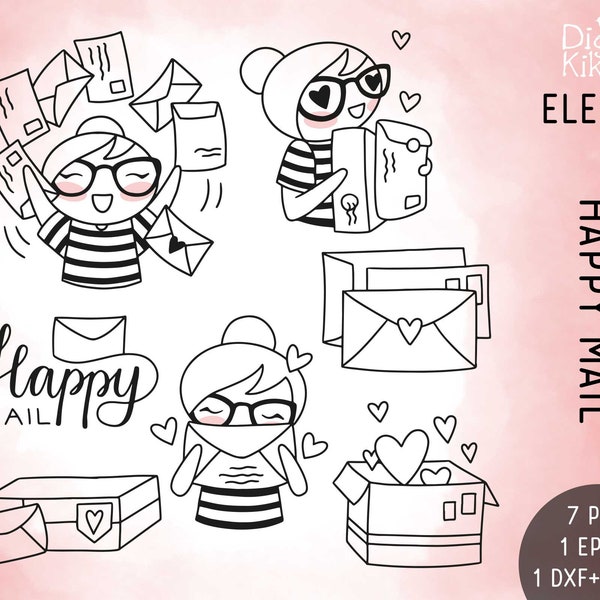 Planner Girl Elena Happy Mail - Snail Mail Clipart - Digital Stamp - Planner Stickers, scrapbook , journal, invitation, paper crafts