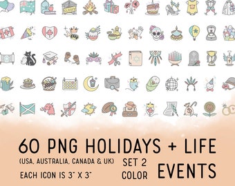 60 Holidays & Life Events Color Icons Clipart set 2 - USA, Aus, Can, UK - Digital Icons, Planner Sticker, scrapbook, craft, planner clipart