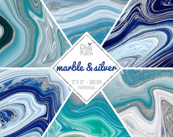 Blue Marble and Silver Digital Papers, Agate Scrapbook Papers, Geode Papers, invitations, background, planner stickers - INSTANT DOWNLOAD