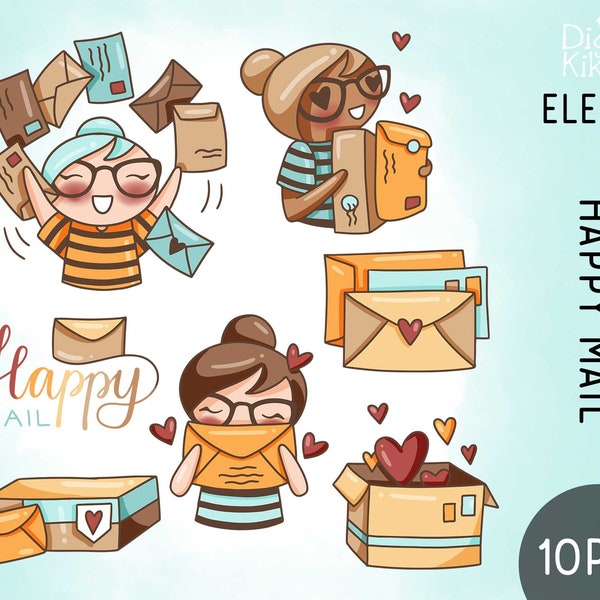 Planner Girl Elena Happy Mail COLOR - Snail Mail Clipart - Digital Stamp - Planner Stickers, scrapbook , journal, invitation, paper crafts
