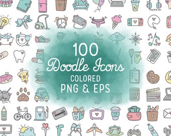 100 Daily Doodle Icons Color Clipart Bundle -  Planner Icons Digital Stamp - Icons for Planner Sticker, scrapbook, craft, planner clipart