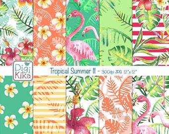 Tropical Summer II Digital Papers, Summer Scrapbook Paper - Summer Papers - Flamingos Background - INSTANT D