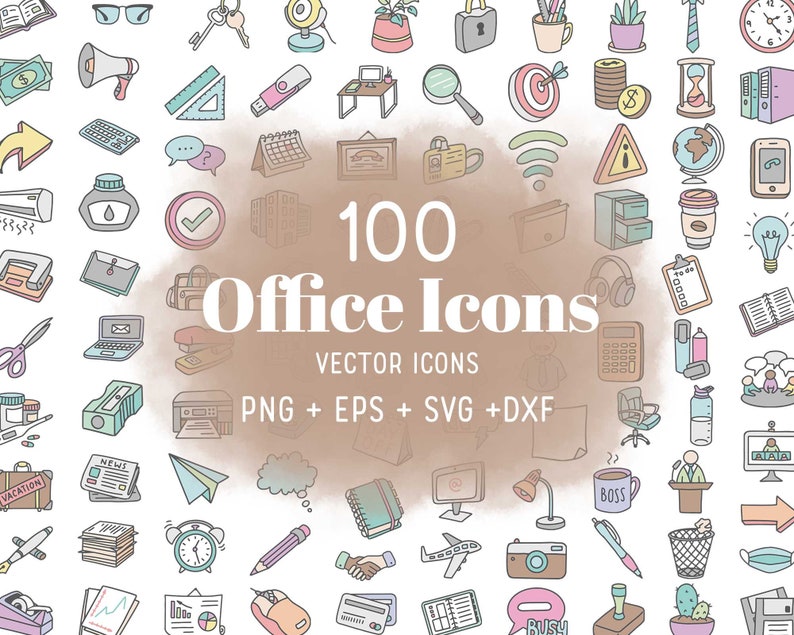 100 Office Color Icons Vector Business Icons Clipart Work digital sticker, Chores Icons, planner, scrapbook, craft, planner clipart image 1