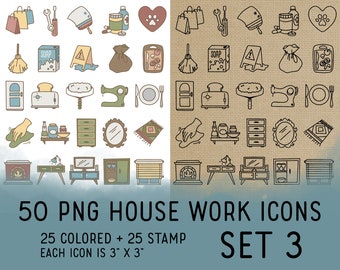 50 Housework Icons Set 3 - Icons Clipart -  Chores Digital Stamp - Cleaning Icons for Planner Sticker, scrapbook, craft, planner clipart
