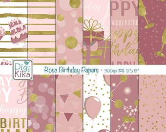 Rose Happy Birthday Digital Papers - Scrapbooking, card design, invitations, stickers, background, paper crafts, web design INSTANT DOWNLOAD