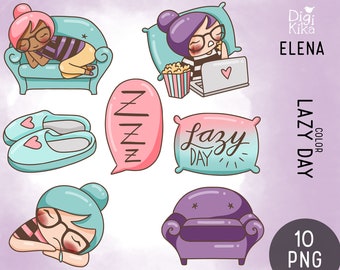 Elena Planner Girl - Lazy Day Color Clipart - Planner Stickers, scrapbook, card design, invitations, paper crafts, cute character