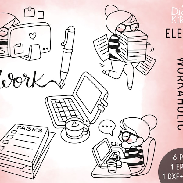 Elena Planner Girl - Workaholic Stamp Clipart Planner Stickers, scrapbook, card design, invitation, paper crafts, web design, cute character