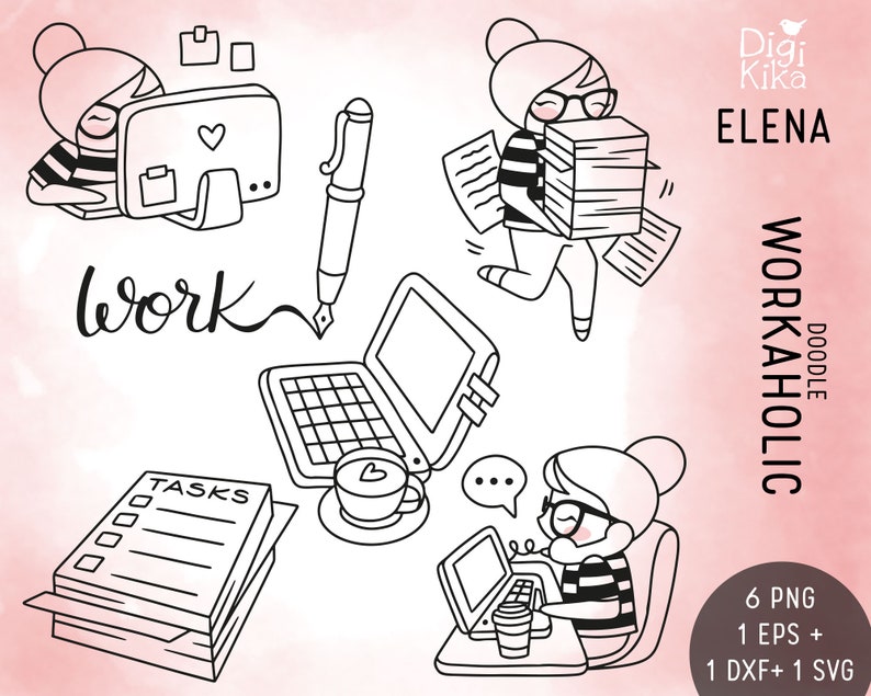 Elena Planner Girl Workaholic Stamp Clipart Planner Stickers, scrapbook, card design, invitation, paper crafts, web design, cute character image 1