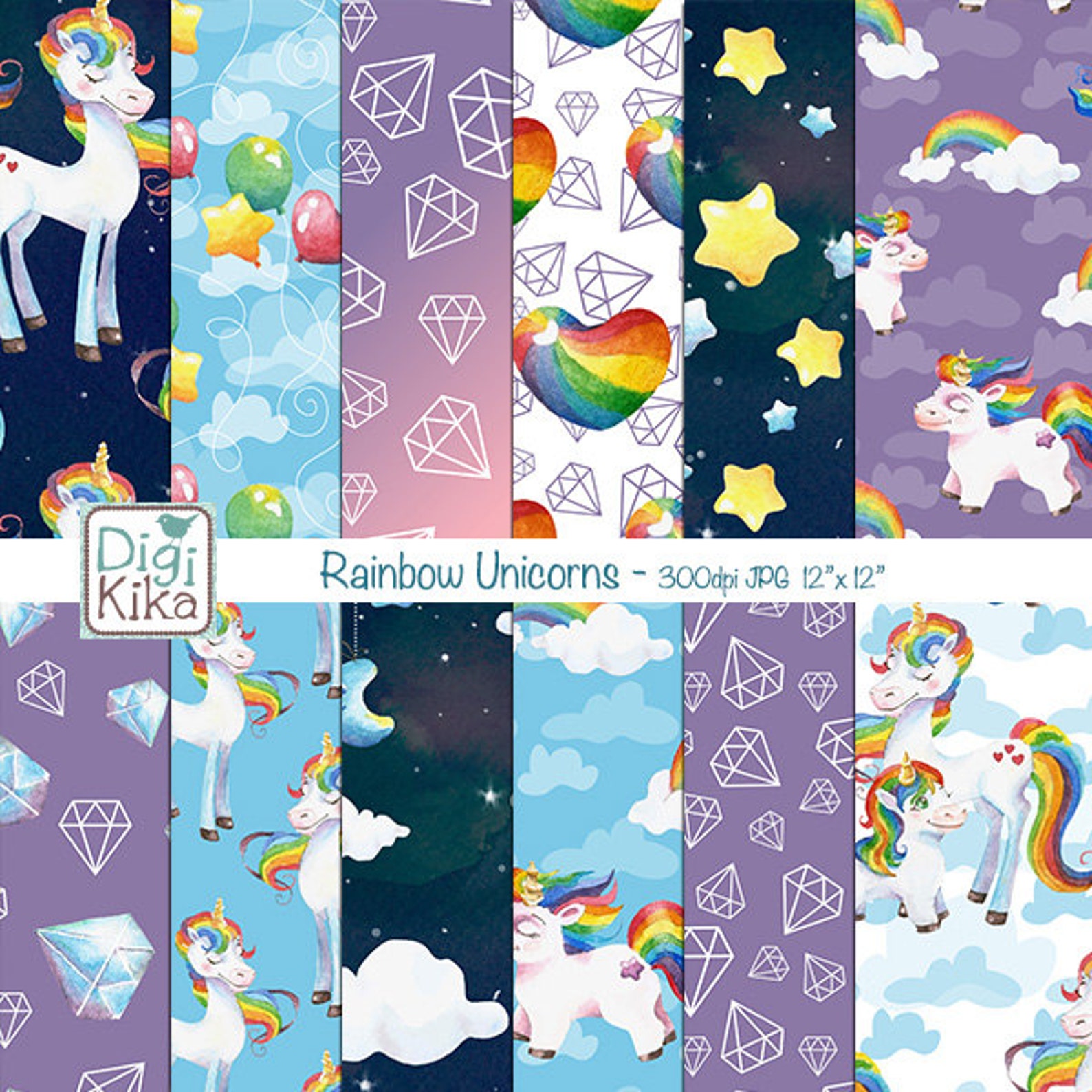 Unicorn Digital Papers Rainbow Unicorns Scrapbook Paper Etsy