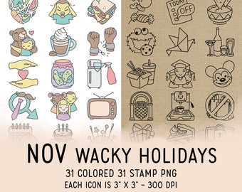NOVEMBER Wacky Holidays Icons PNG - Color and Stamp Icons Clipart - Digital Icons for Planner Sticker, scrapbook, craft, planner clipart