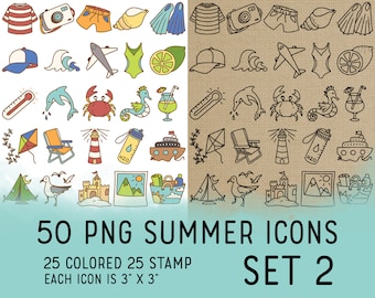 50 Summer Icons Set 2 - Icons Clipart -  Icons Digital Stamp - Icons for  Planner Sticker, scrapbook, craft, planner clipart