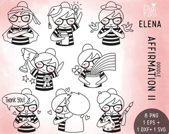 Elena Planner Girl - Daily Affirmations SET 2 Stamp Clipart, planner stickers, scrapbook, card design, invitation, crafts, cute character