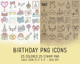 50 Birthday Icons - Party Icons Clipart -  Celebration Digital - Icons for Planner Sticker, Highlight, scrapbook, craft, planner clipart