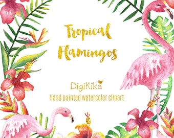 Flamingos Clipart, Hand Painted Watercolor - Tropical Clipart, Floral Pack, Summer Wedding Invitation, Hibiscos Graphics, Aloha Clip Art