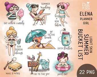 Elena Planner Girl - Summer Bucket List LIGHT SKIN Clipart - Digital Stamp - Planner Stickers, scrapbook, invitation, craft, planner clipart