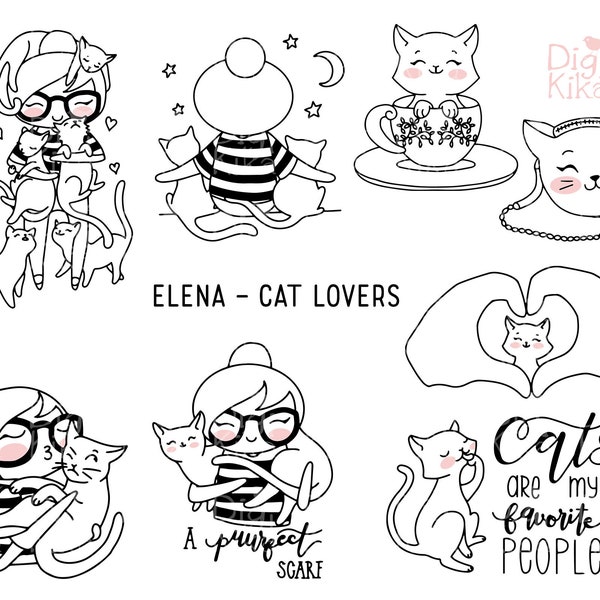 Elena Planner Girl - Cat Lover Clipart - Cat Lady Digital Stamp - Character Planner Stickers, scrapbook, invitation, crafts, planner clipart