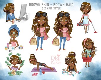 Cute Planner Girl Clipart - Brown Skin Brown Hair - set1  Graphics - Planner Stickers, scrapbook, card design, invitations, paper craft