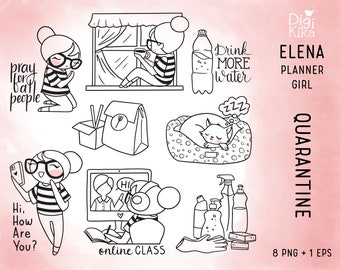 Elena Planner Girl - Quarantine Clipart -  New Routine Digital Stamp - Character Planner Sticker, scrapbook, craft, planner clipart