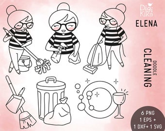 Elena Planner Girl - Cleaning DOODLE Stamp Clipart - Planner Stickers, scrapbook , card design, invitation, paper craft, character, graphics