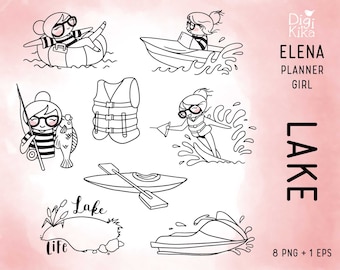 Elena Planner Girl - Lake Clipart  -  Lake Life Digital Stamp - Character Planner Sticker, scrapbook, craft, planner clipart