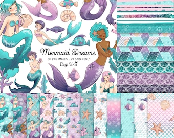Mermaid Dreams Bundle, Mermaid Clipart and Seamless Paper Pack - planner stickers, scrapbook, card design, invitations, paper crafts, design