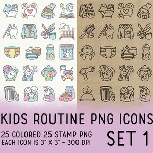 50 Kids Routine Icons Set 1 Mom Icons Clipart School Digital Icons for Planner Sticker, Highlight, scrapbook, craft, planner clipart image 1