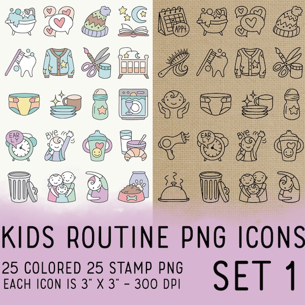 50 Kids Routine Icons Set 1 - Mom Icons Clipart -  School Digital - Icons for Planner Sticker, Highlight, scrapbook, craft, planner clipart