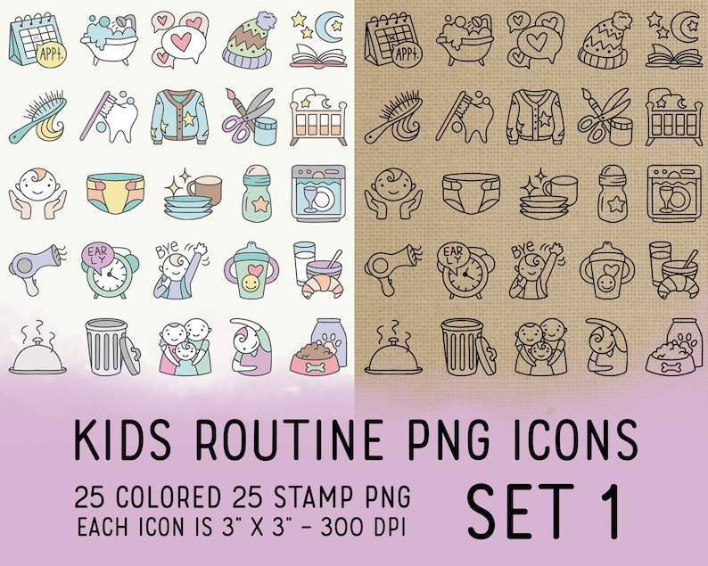 50 Kids Routine Icons Set 1 Mom Icons Clipart School Digital Icons for Planner Sticker, Highlight, scrapbook, craft, planner clipart image 1